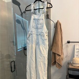 Kensie Blue and White Striped Denim Overalls